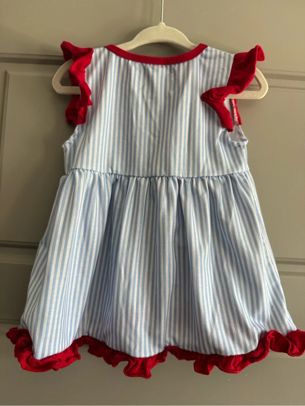 Simply Scarlett Blue & Red Striped Ruffle matching short set with Bow Accent